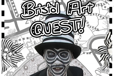 Poster for OTTERs Bristol Art Quest showing a black and white OTTER face and a monochrome map of Bristol